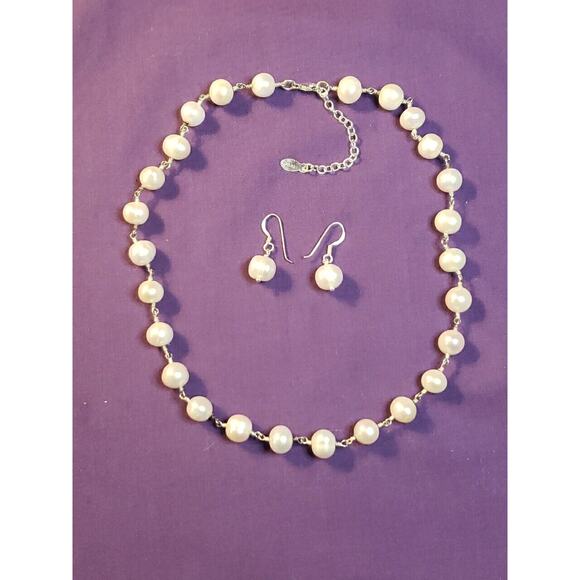 Marsala Signed White Ringed Pearls & Sterling Silver Necklace And Earrings Set - Picture 4 of 9